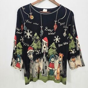 Vtg Jess & Jane Women TShirt‎ M Black Long Sleeve Dog Christmas Holiday Bow Wow